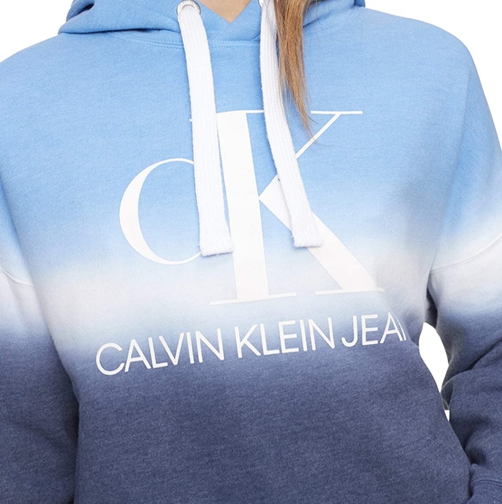 NEW Hoodie CK Jeans Crop Top Calvin Klein Ombre Blue Color Block Pullovr Women L - Picture 2 of 7